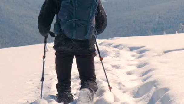 Man Backpacker Drumeții Deal Munte Înzăpezit Ziua Rece Iarnă — Videoclip de stoc