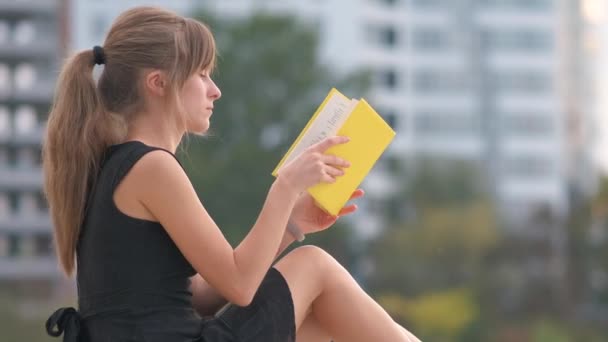Yaz Parkında Oturan Kız Öğrenci Açık Havada Ders Kitabı Okuyor — Stok video