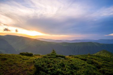 Yaz akşamı dağ manzarası çimenli tepeler ve renkli günbatımında uzak tepeler.