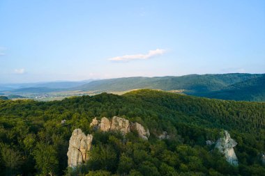 Yeşil orman ağaçları ve sık ağaçlar arasında büyük kayalık kayaların olduğu parlak manzaranın havadan görünüşü. Vahşi ormanın güzel manzarası.