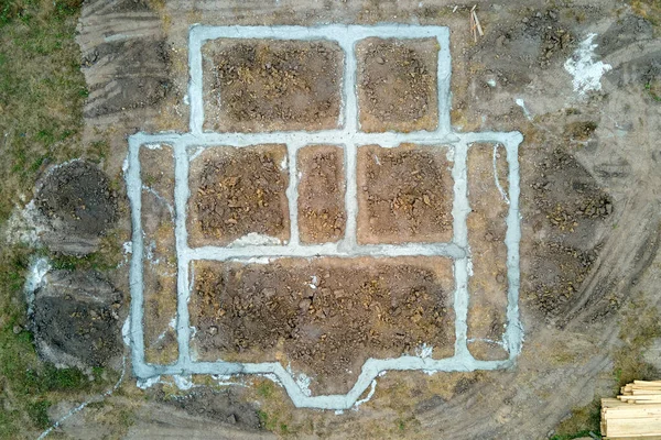 Bovenaanzicht Vanuit Lucht Bouwwerkzaamheden Van Nieuwe Betonnen Fundering Bouwplaats — Stockfoto