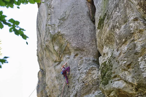 強い女性登山岩の山の急な壁を登る 難しいルートを克服するスポーツ女性 極端なスポーツ趣味の概念に従事 — ストック写真