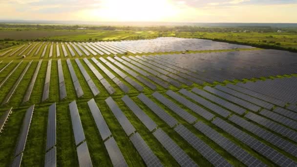 朝にきれいな生態系の電気エネルギーを生産するための太陽光発電パネルの行を持つ大規模な持続可能な電力プラントの空中ビュー 排出ゼロをコンセプトとした再生可能エネルギー — ストック動画
