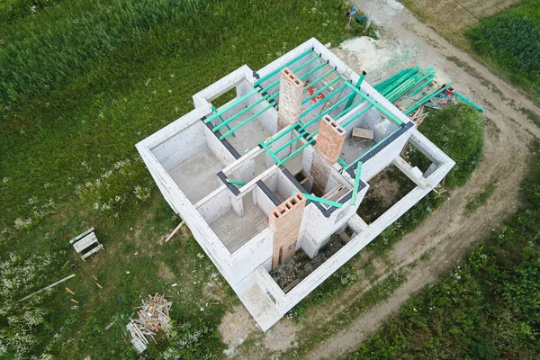 Aerial View Unfinished Frame Private House Aerated Lightweight Concrete Walls — Stock Photo, Image