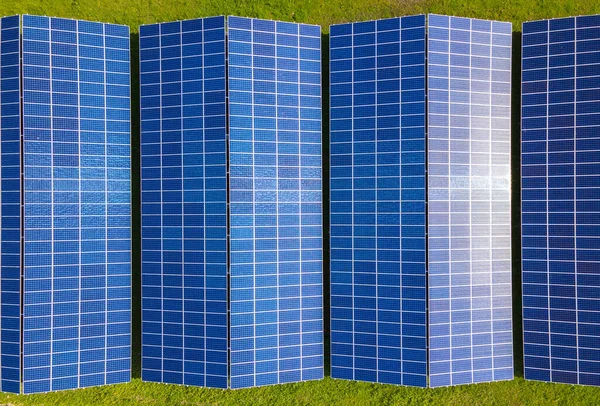 Aerial View Building Roof Rows Solar Photovoltaic Panels Producing Clean — Stock Photo, Image