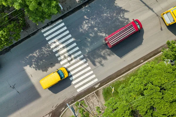 Top Aerial View Busy Street Moving Cars Traffic Zebra Road — Stock Photo, Image