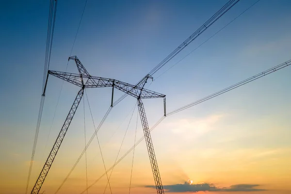 Torri Alta Tensione Con Linee Elettriche Tramonto — Foto Stock