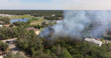 Wildfire ignites forest near residential houses in Florida, with vegetation fire flames close to backyards and smoke affecting air quality.