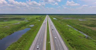 Florida 'nın Gainesville kenti yakınlarındaki I-75 kırsalında bataklık sulak alanlar ve her iki yönde de trafik var.