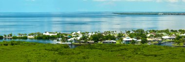 Deniz kıyısında yeşil bitki örtüsü olan vahşi yaşam sulak alanları yakınlarındaki özel evleri olan yerleşim yerlerinin havadan görünüşü. Doğa kavramına yakın yaşamak.