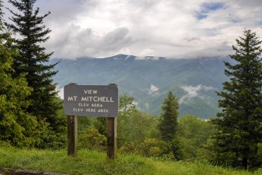 Kuzey Carolina Appalachian dağlarındaki Blue Ridge Parkway 'de manzaralı bir yolculuk. Mitchell dağı gözlem noktasını gözden kaçırır..