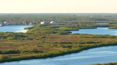 Myakka nehri ve kuzey limanında deniz kenarındaki evleri olan Florida sulak alanları. Tropik ekosistem.