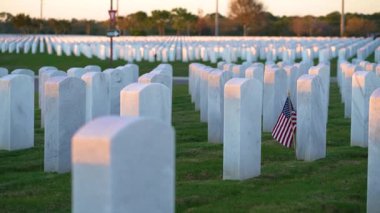 Beyaz mezar taşları ve yeşil çimlerin üzerinde Amerikan bayrağı olan Amerikan ulusal mezarlığı. Anma Günü konsepti