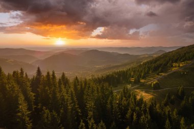 İnanılmaz dağ manzarasının havadan görünüşü. Vahşi Ulusal Park Dağları 'nda parlak renkli gün batımı. Sarı batan güneşle aydınlatılmış koyu ladin ormanları..