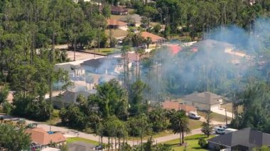 Bitki yangını Florida 'daki banliyö evlerinin yakınındaki ormanlık alanda yanarken, duman yükseliyor ve alevler yükseliyor..