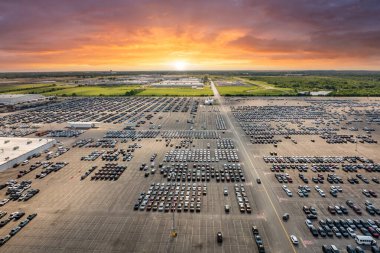 Yeni arabaların üretim fabrikasının otoparkında stokları var. Araçlar krupiye limanında arka arkaya park edilmiş. Otomotiv endüstrisi. Depoya yeni araba ithal veya ihraç et.