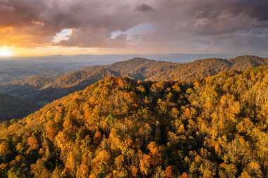 Sonbahar akşamı Appalachian dağ tepeleri, güz mevsiminde aydınlık yemyeşil ve çam ağaçları ile. Güzel doğanın sonbahar manzarası.