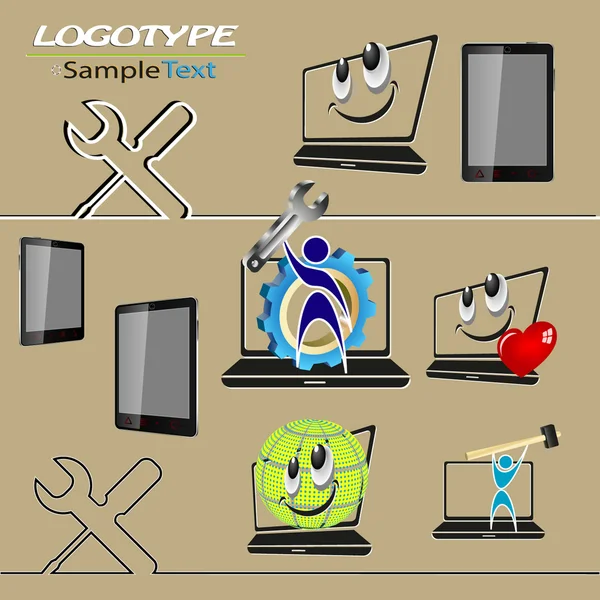 En uppsättning av logotyper för reparation, Pc laptop — Stock vektor