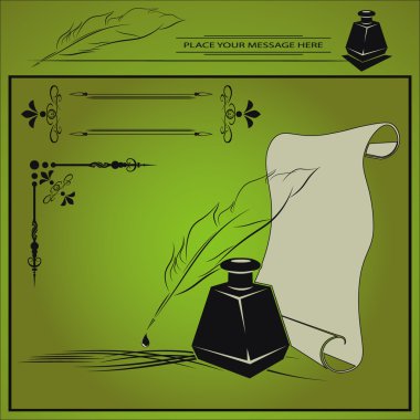 vektör çizim inkstand, kalem, kağıt ve köşe çerçeve