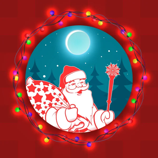 Element für Weihnachtskomposition. Runde Zeichnung mit Kranz, fröhlicher Weihnachtsmann mit Tasche und Stab — Stockvektor