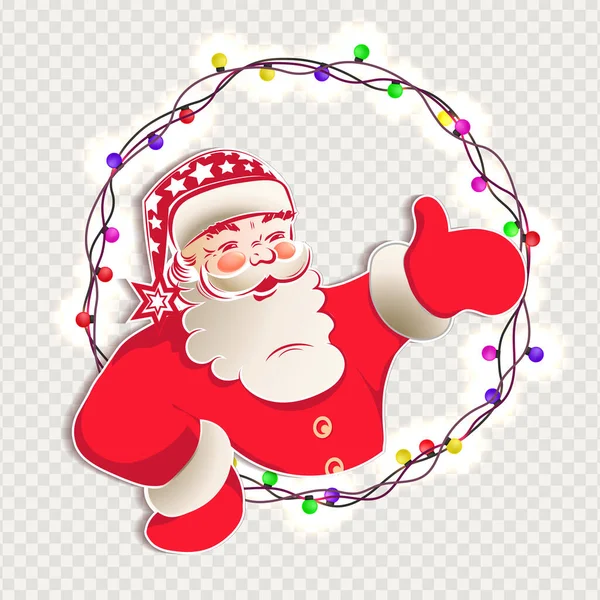 Elemento de la composición de Navidad.Silhouette de Santa Claus, mano indica la dirección, una corona de bombillas brillantes — Vector de stock
