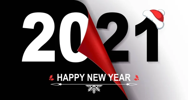 Feliz año nuevo 2021 composición navideña en tono blanco y negro, hoja doblada en tono rojo con degradado — Vector de stock