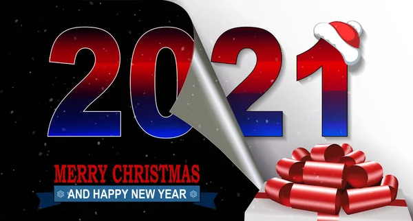 Composición navideña feliz año nuevo 2021, cubierta de caja blanca con lazo rojo — Vector de stock