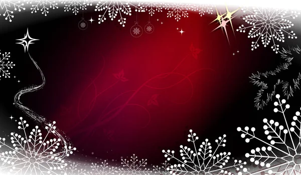 Christmas composition in red dark shade with gradient, gorgeous white snowflakes with abstract Christmas tree — Vetor de Stock