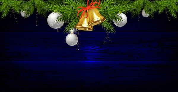 Weihnachtskomposition Dunkelblauen Farbton Glocken Mit Schleife Grüne Fichtenzweige Weiße Kugeln — Stockvektor
