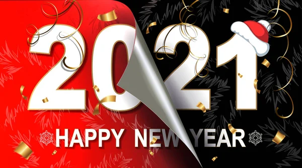 Feliz año nuevo 2021 composición de Navidad, al revés rojo y negro, silueta de rama de abeto abstracto, oropel de oro — Vector de stock