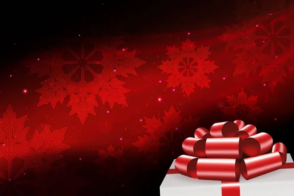 Karácsonyi piros kompozíció hópelyhekkel, fehér doboz fedél sziluett, gyönyörű piros íj — Stock Vector