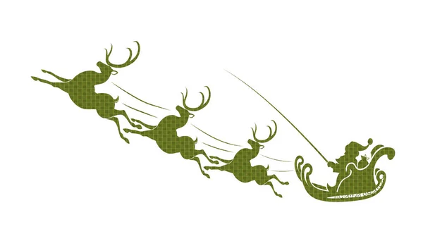 Teksturowana sylwetka Świętego Mikołaja na saniach z jeleniem w zielonym odcieniu — Wektor stockowy