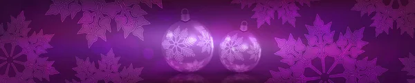Boże Narodzenie fioletowe tło z gradientem, wspaniałe białe płatki śniegu, przezroczyste kulki świąteczne — Wektor stockowy