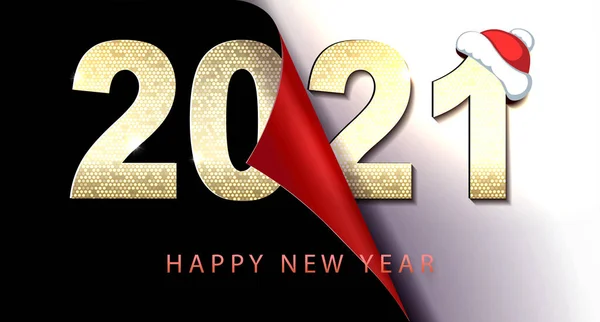 Mutlu yıllar 2021 noel kompozisyonu, altın renkli mozaik numaraları, sayfa çevrildi. — Stok Vektör