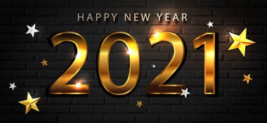Yeni yılınız kutlu olsun. 2021 Noel kompozisyonu. Koyu tuğlalı duvarda altın renkli numaralar.