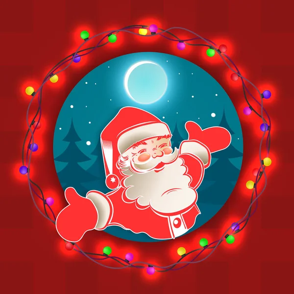 Element der Weihnachtskomposition. Runde Zeichnung mit Kranz, fröhlicher Weihnachtsmann — Stockvektor