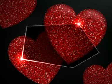 Siyah kompozisyon, dokulu kırmızı kalpler, ışık kenarlı çokgen çerçeve ve parıltı