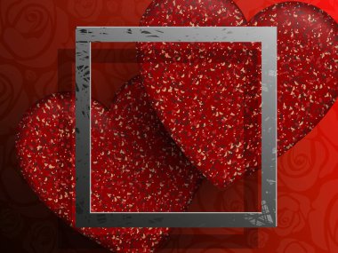Harika desenli kırmızı kalpler, 3D efekt, dikdörtgen çerçeveli gri