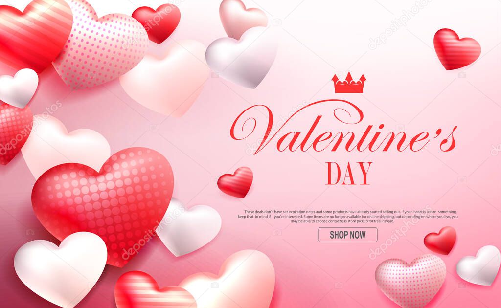 Valentine s Day, red composition with a gradient, silhouettes of bright red hearts with a pattern
