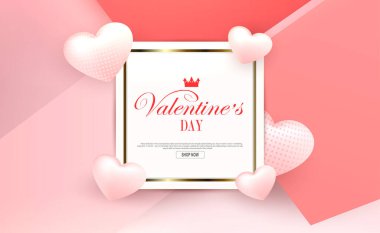 Sevgililer günü, pembe ışık kompozisyonu, altın kenarlı kare çerçeve, açık dokulu kalpler.