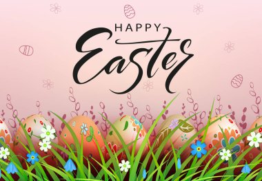 Paskalya ışığı kompozisyonu, otların arasında çiçeklerle birlikte çok renkli yumurtalar.