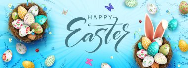 Mavili Paskalya kompozisyonu, yuvada yumurtalar, tavşan kulakları, kardelen çiçekleri