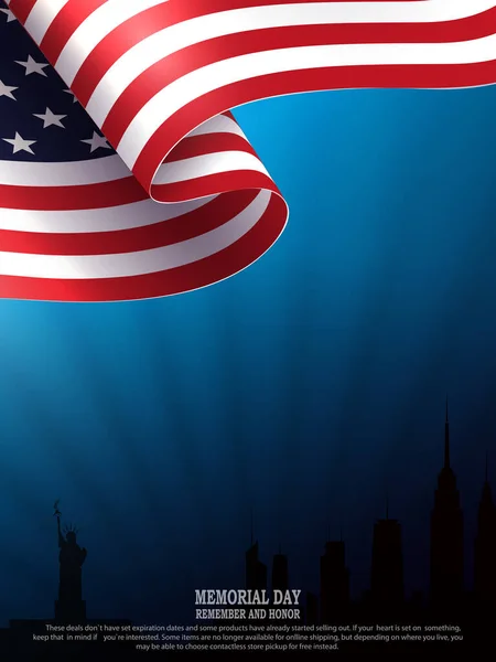 Blauwe Illustratie Met Silhouet Van Wapperende Usa Vlag Silhouet Van — Stockvector