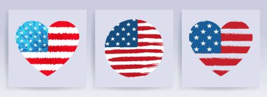 Kalp ve çember baskısı, Amerika bayrak silueti, bayram tasarım bileşeni, set.