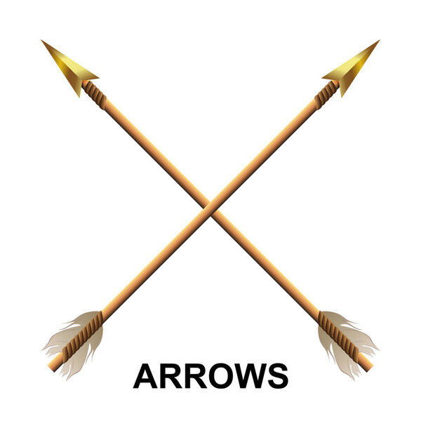 Arrow drawing, gold tip, feathers tied with braid, design element