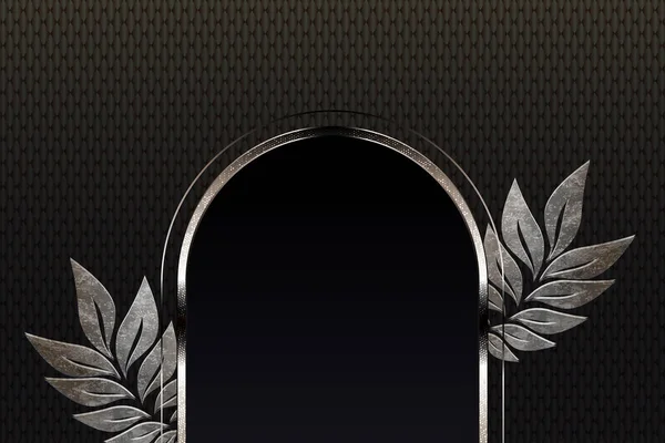 Black textured composition with a gradient, shiny arch with leaves — 图库矢量图片