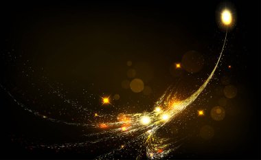 Soyut altın tasarım elementi, kaotik süslemesi olan koyu renkli illüstrasyon.