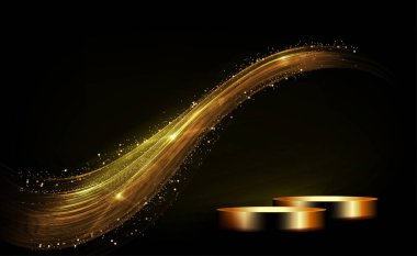 Siyah kompozisyon, soyut parlak altın kıvrımlar, izole edilmiş altın yuvarlak podyum, ince doku, tasarım elementi.