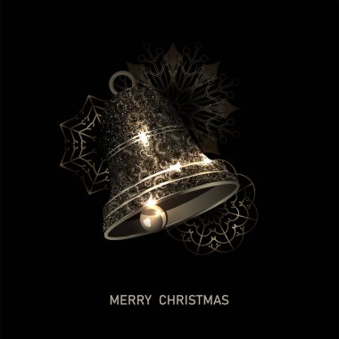 Mutlu noeller. Altın desenli ışıl ışıl çanlar zarif kar taneleriyle.