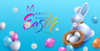 Mutlu Paskalyalar. İçinde pipet yuvası ve porselen bir tavşan olan şenlikli bir mavi kart..